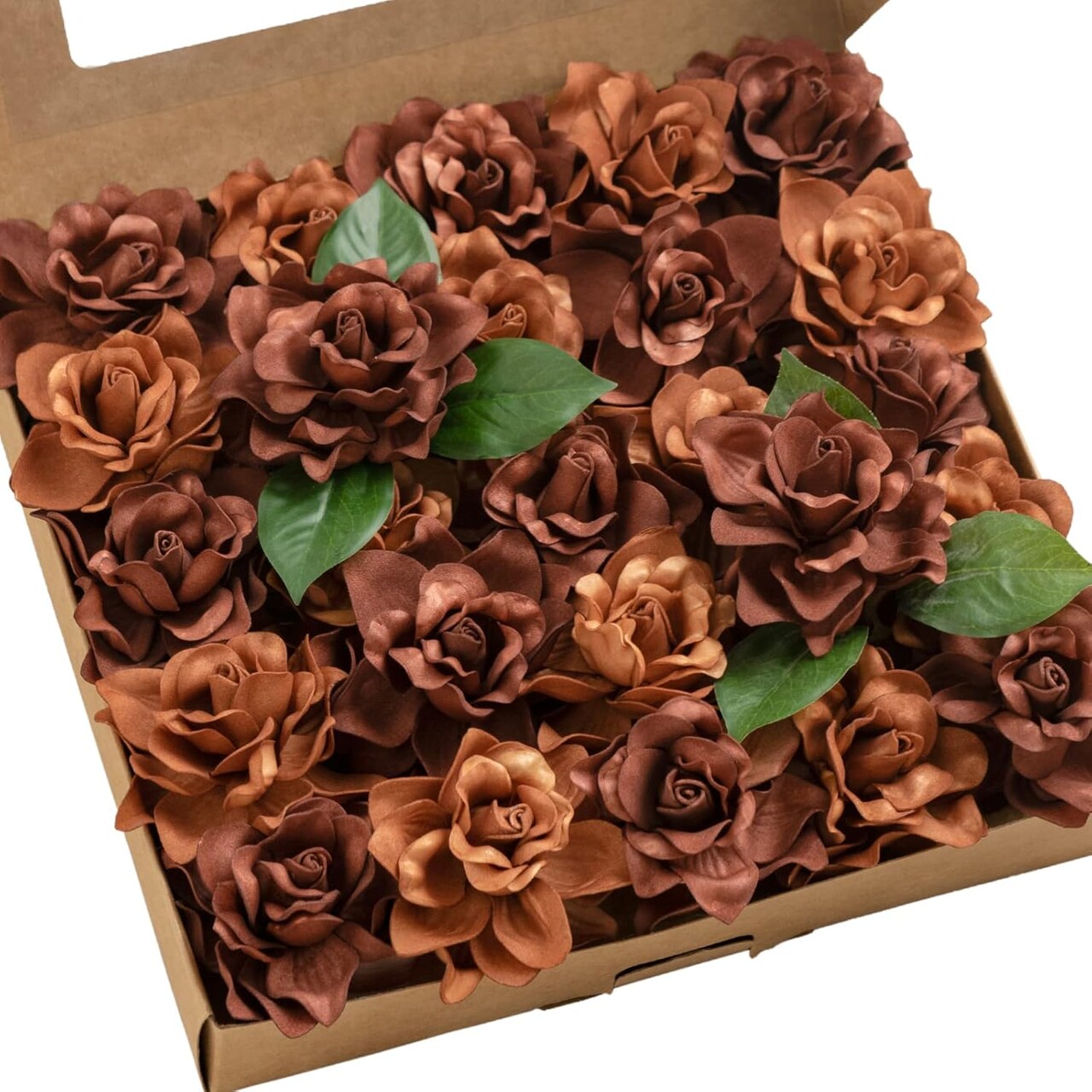 25pcs Fake Gardenia Burnt Terra Rust Artificial Flowers w/Stems, Fake Flower for DIY Wedding Decorations